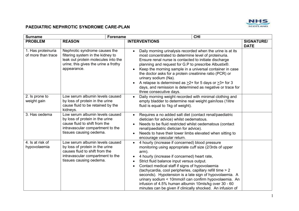 Paediatric Renal Cns Patient Specific Care Plan
