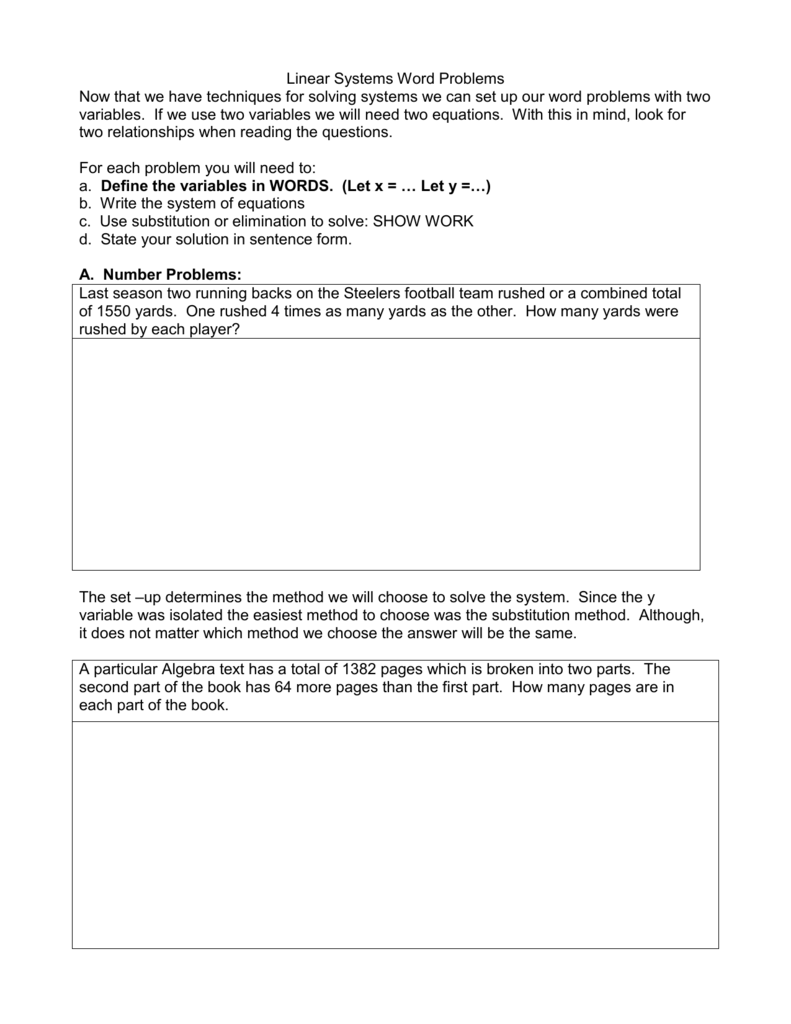 solving linear systems word problems worksheet