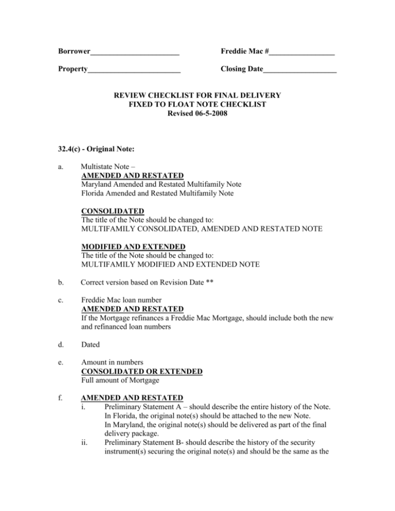 FIXED TO FLOAT NOTE CHECKLIST