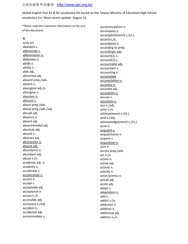 On Screen B2 Word List B1 and B2 Vocabulary list