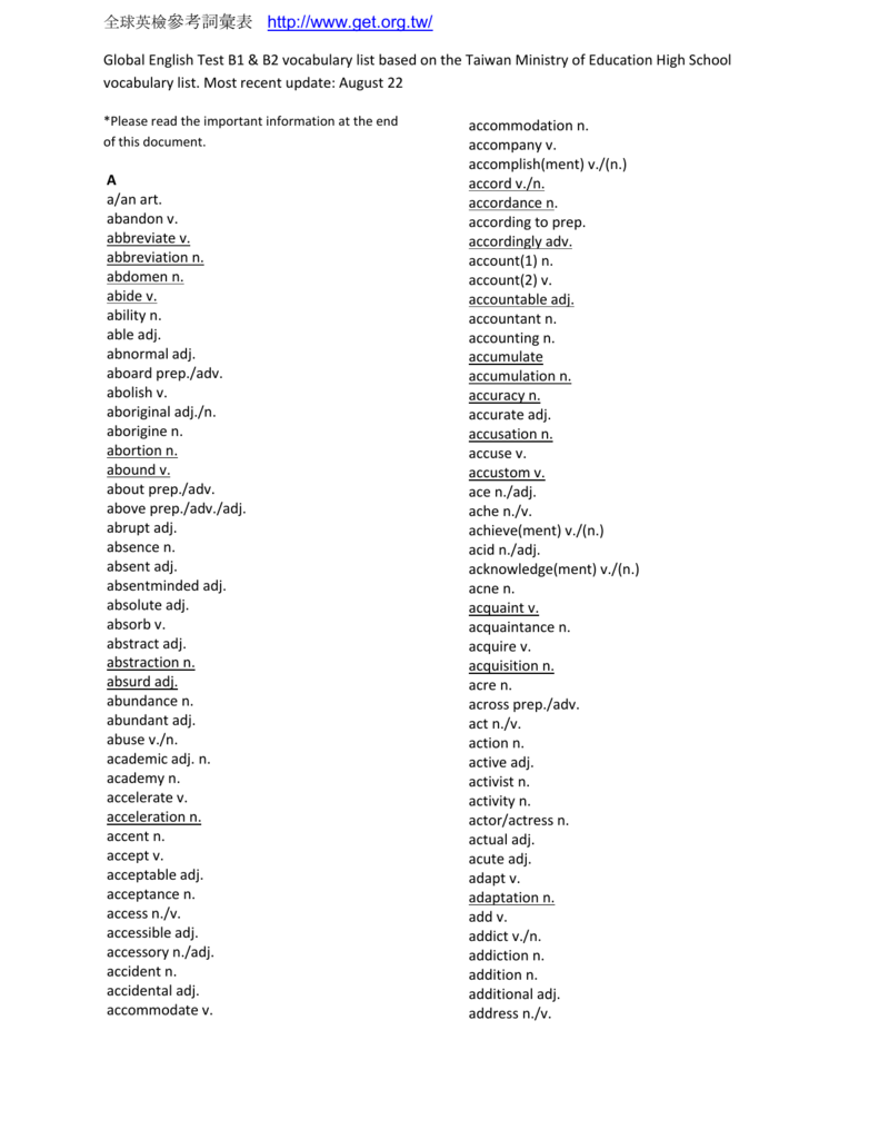 B2 Vocabulary List