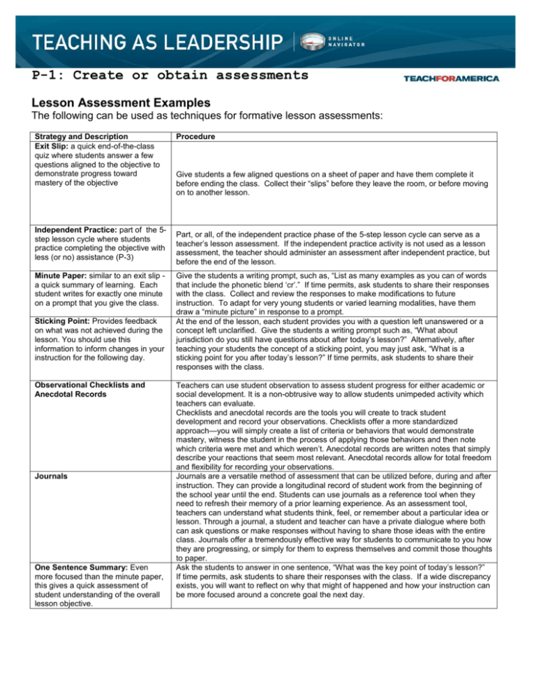 Examples Of Lesson Assessments