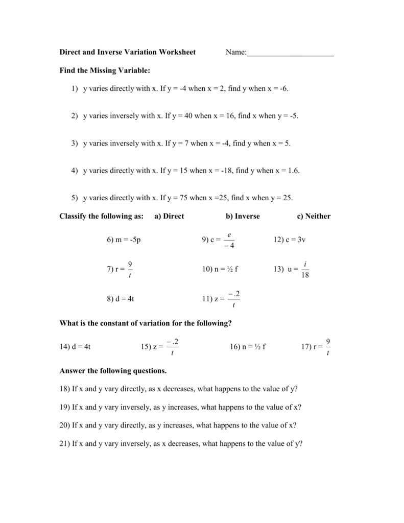11: Direct and Inverse Variation Worksheet Within Direct Variation Worksheet With Answers