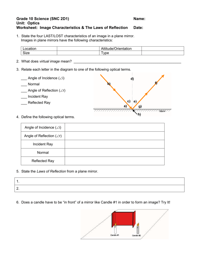 angle of reflection worksheet