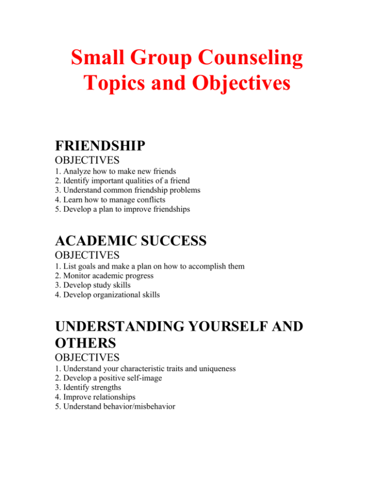 Small Group Counseling Topics And Objectives