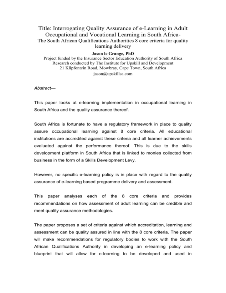 The South African Qualifications Authorities 8 core criteria