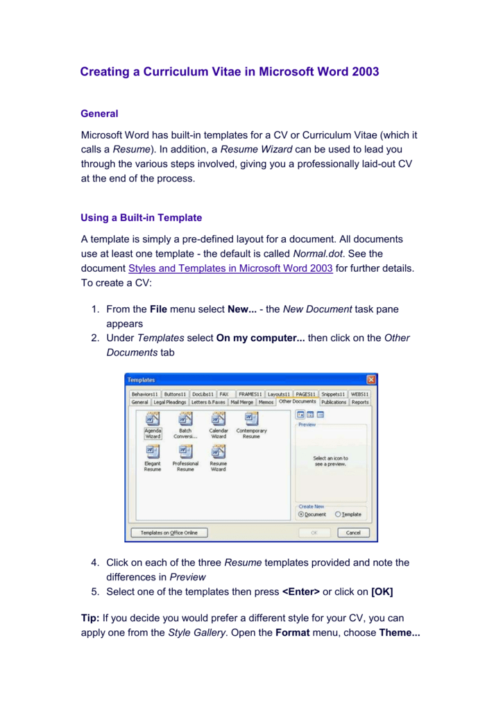 Creating A Curriculum Vitae In Microsoft Word 2003