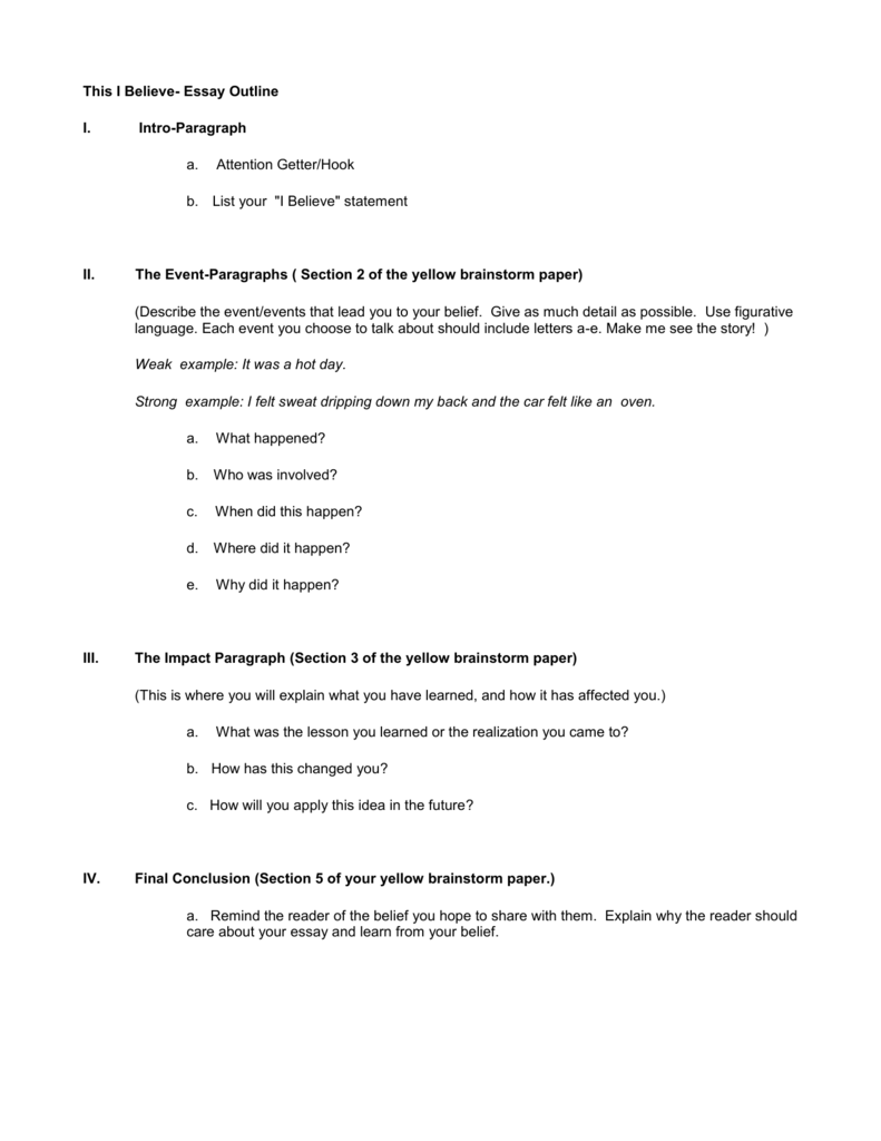 i believe essay outline