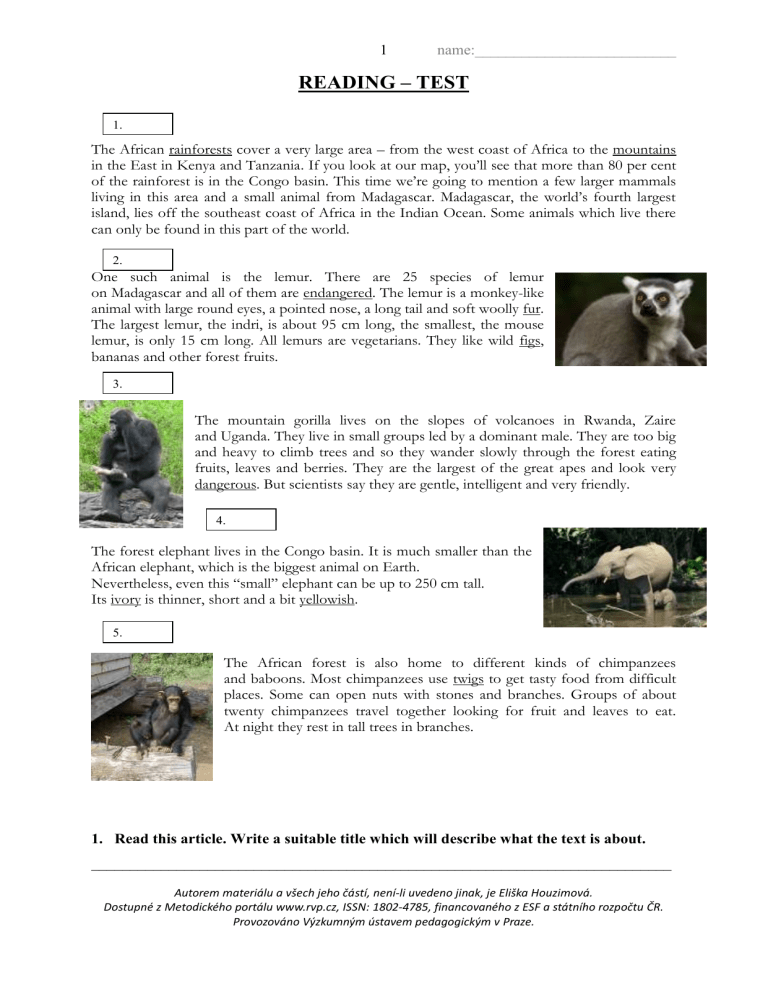 Wild animals - testing reading comprehension
