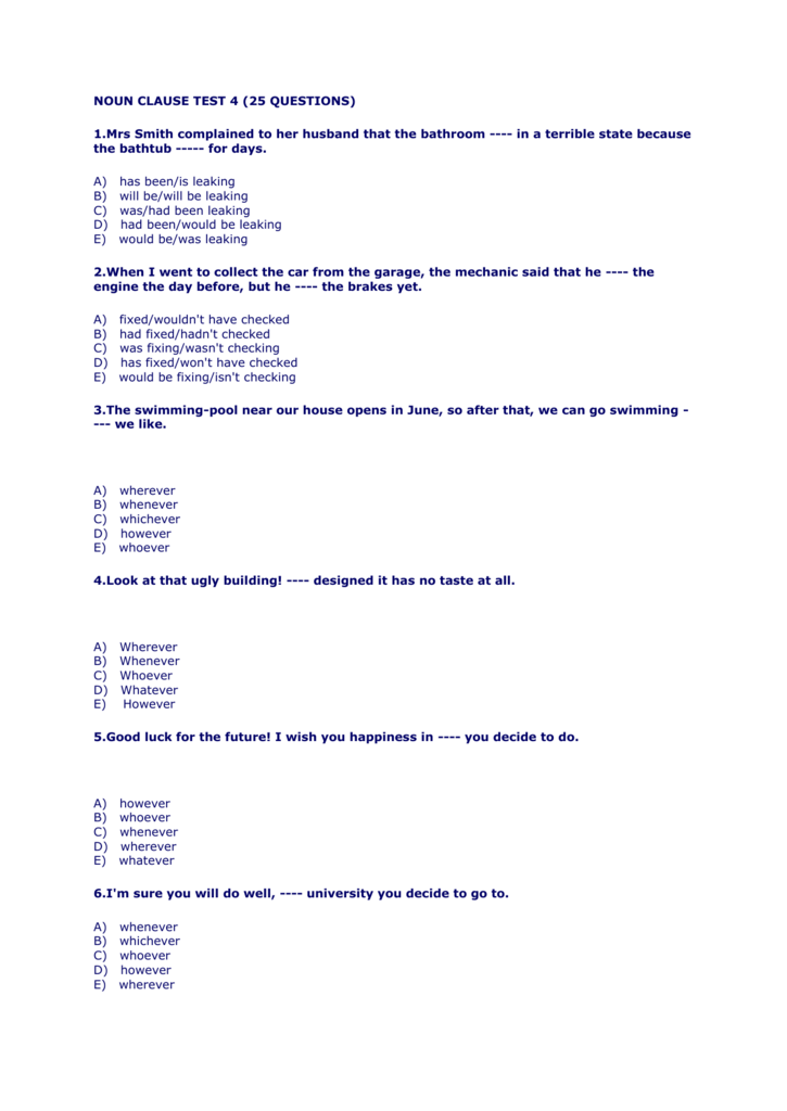 NOUN CLAUSE TEST 4 25 QUESTIONS 