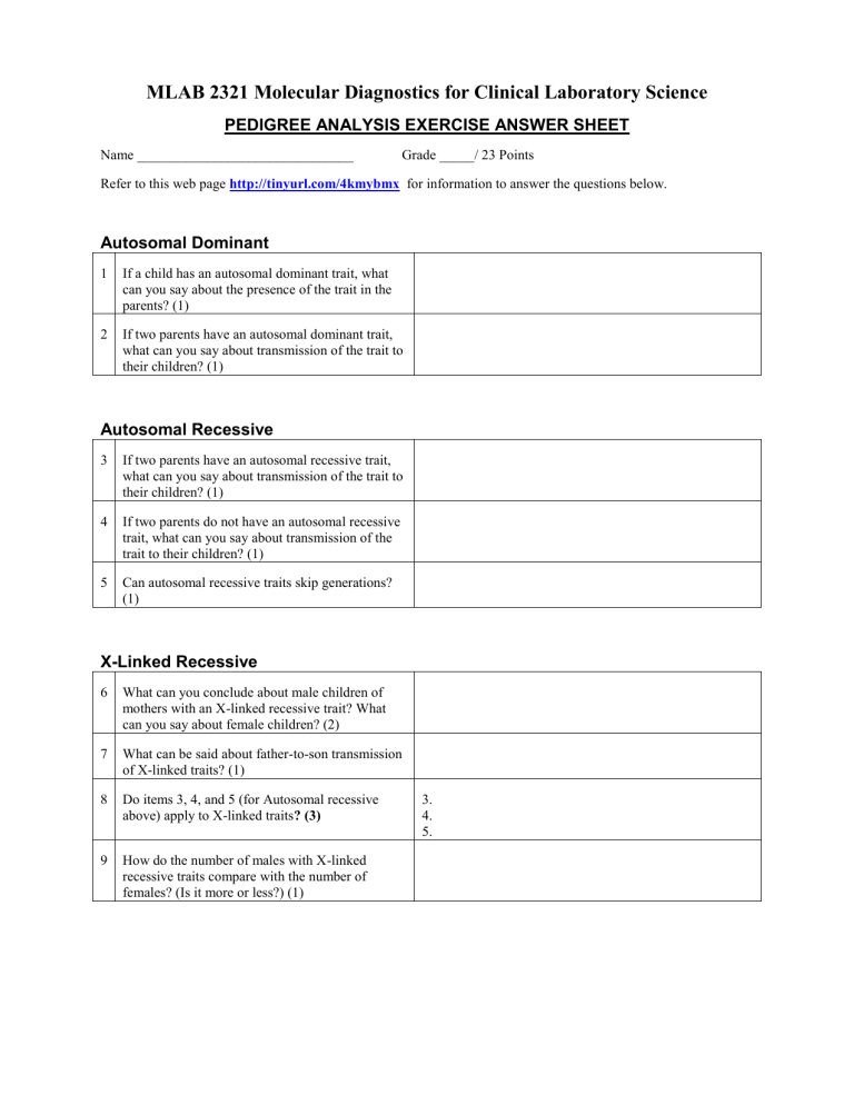 PEDIGREE ANALYSIS EXERCISE ANSWER SHEET