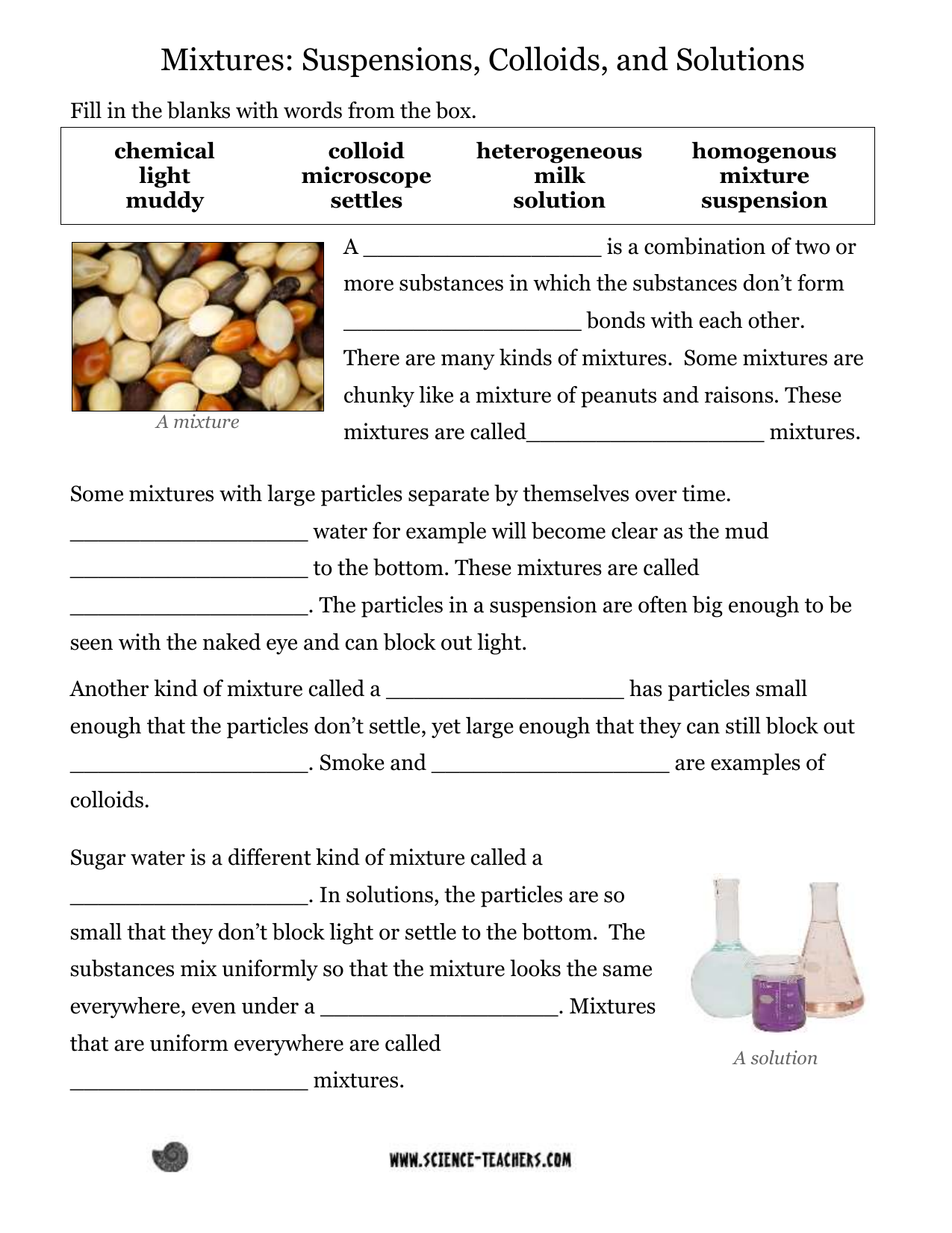 Mixtures - Science Teacher Resources Inside Solutions Colloids And Suspensions Worksheet