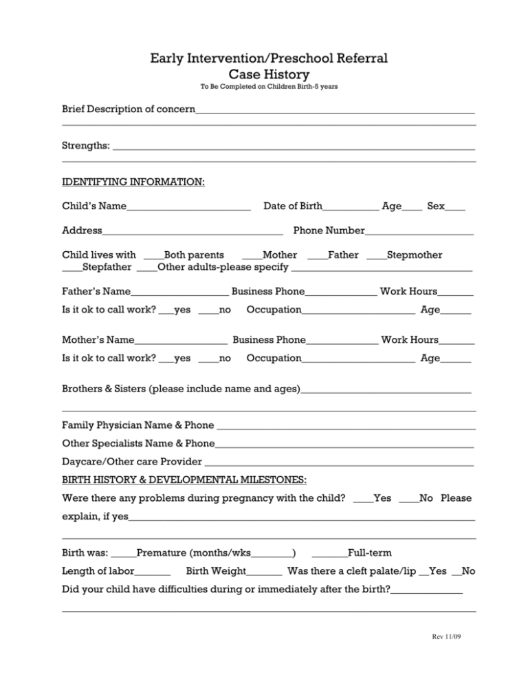 Early Intervention Preschool Referral Form Word Document 