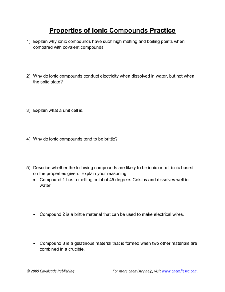 Properties of ionic compounds worksheet Intended For Ionic Bonding Worksheet Key