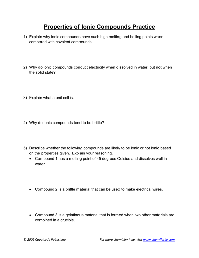 Properties of ionic compounds worksheet Regarding Ionic Bonding Worksheet Key