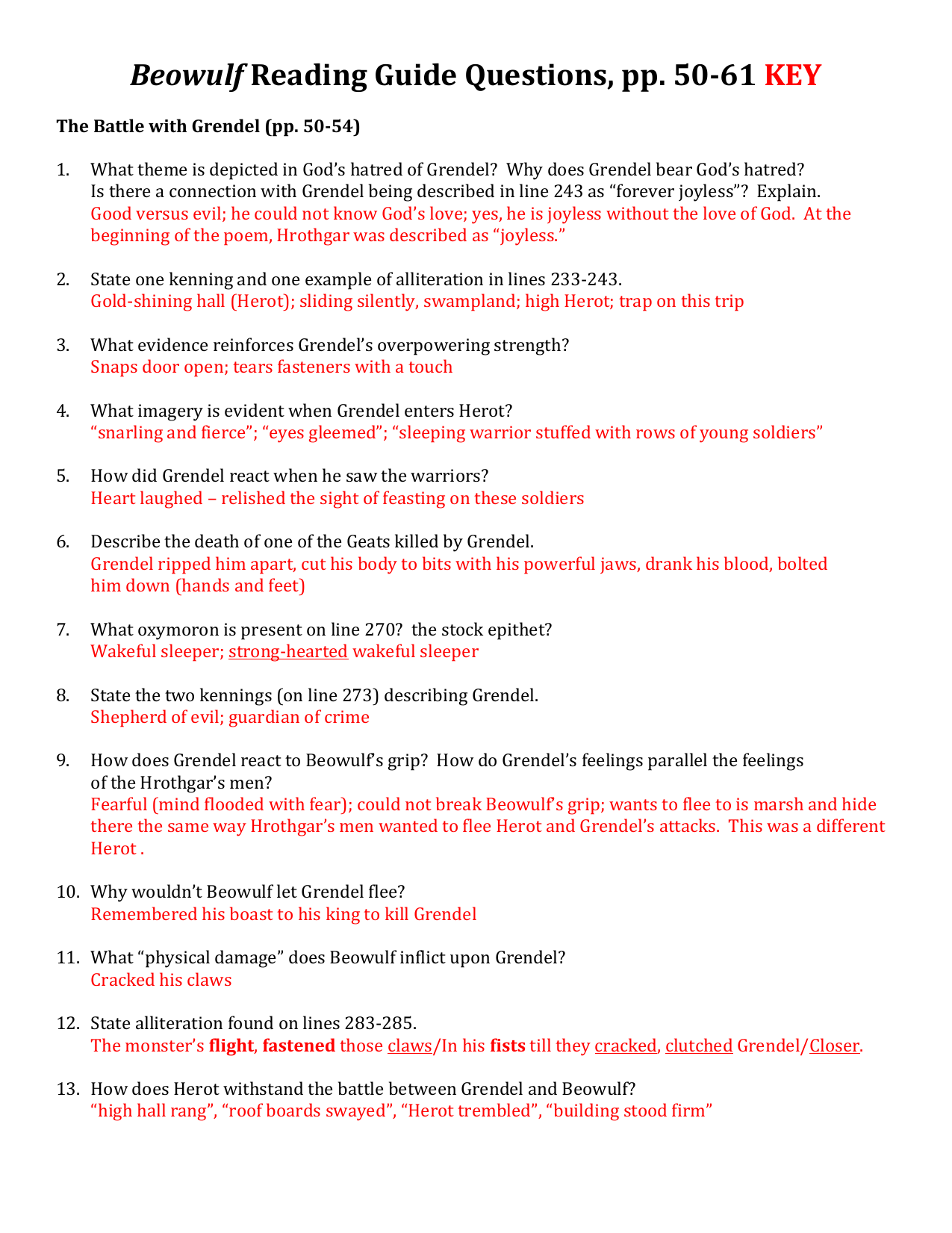 Beowulf Kennings Worksheet Answer Key