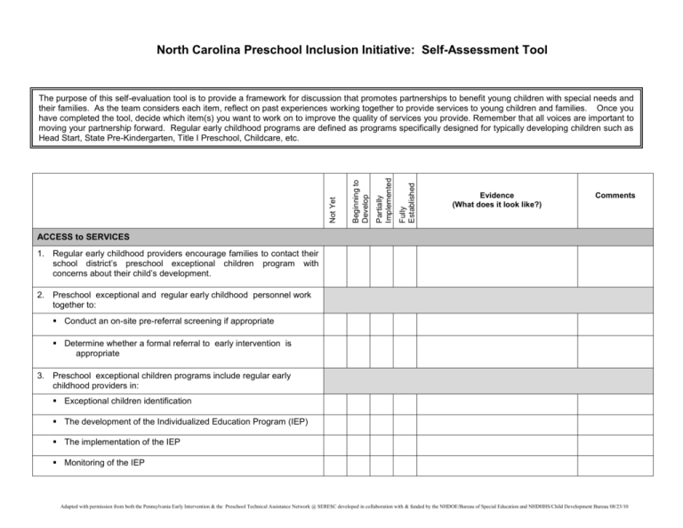 NC Preschool Self Assessment Tool