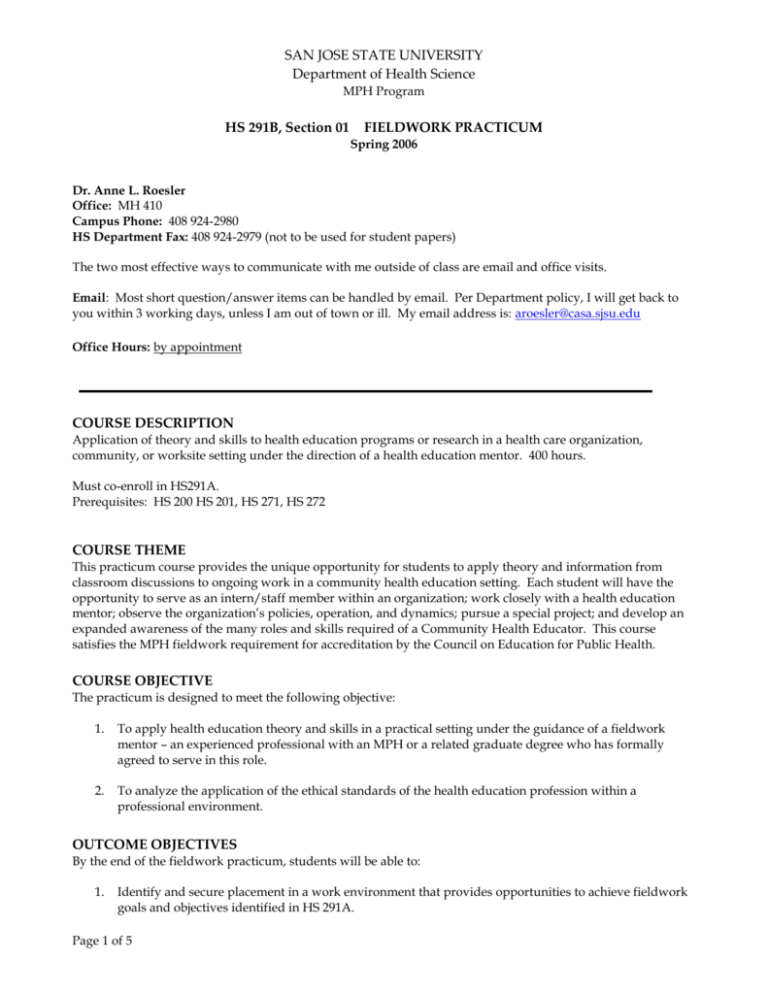 HS 291B, Section 01 FIELDWORK PRACTICUM