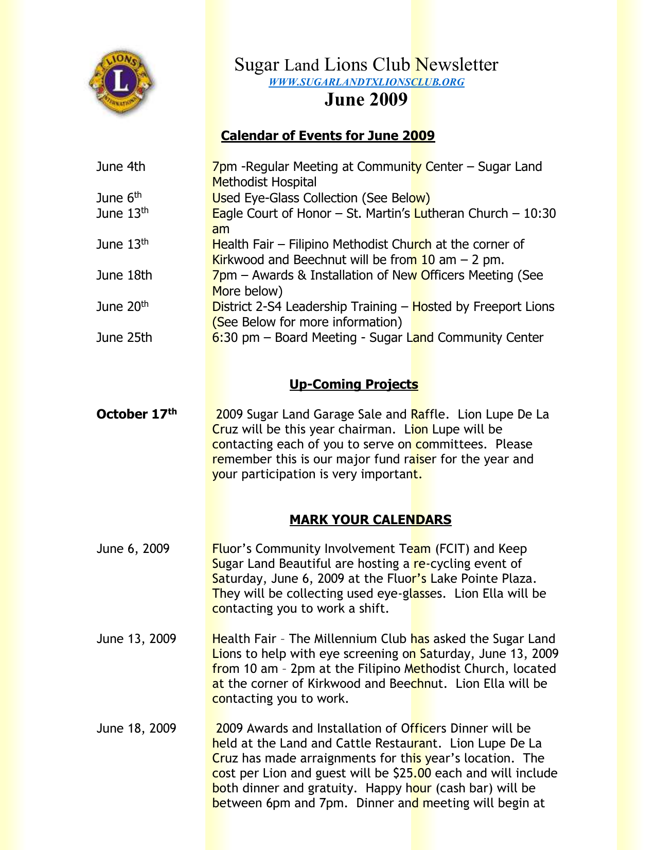 Sugar Land Lions Club Newsletter Www