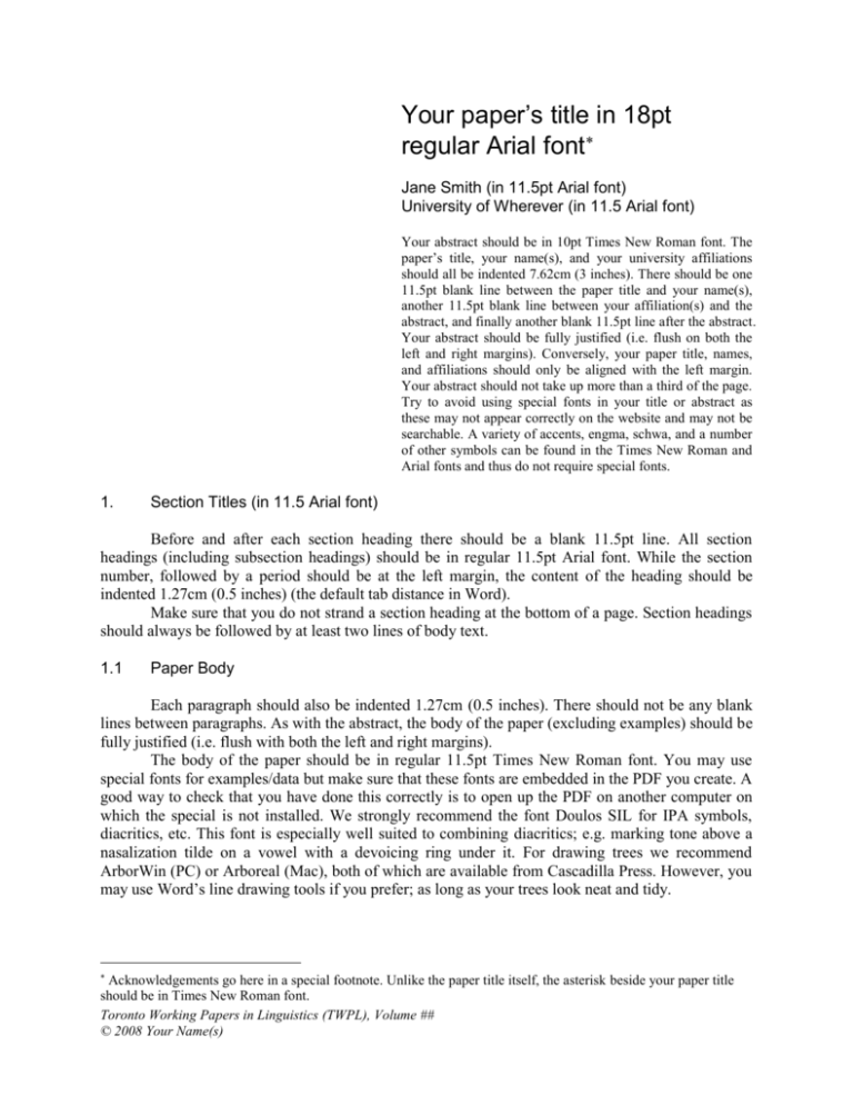 Style Sheet Toronto Working Papers in Linguistics