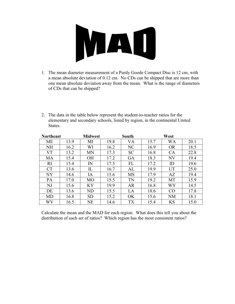 MAD Worksheet With Mean Absolute Deviation Worksheet