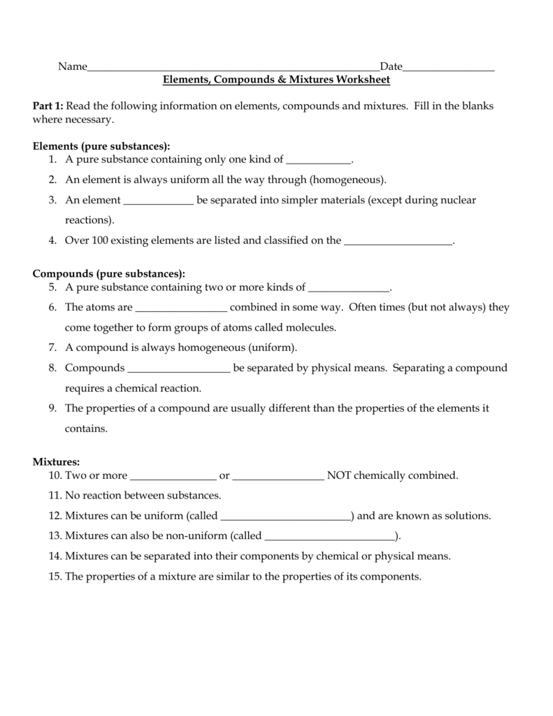 Elements Compounds Mixtures Worksheet