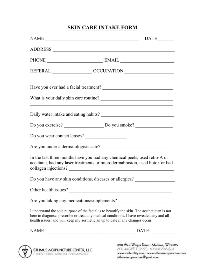 Esthetician Client Intake Form Template