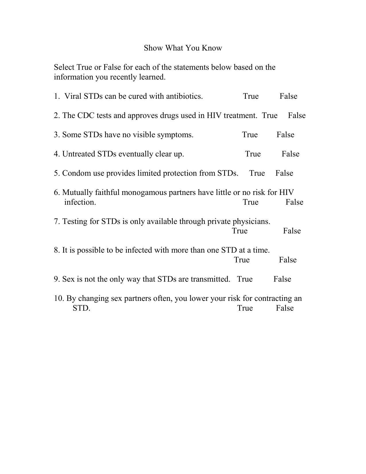 Aids True False Worksheet Se 50