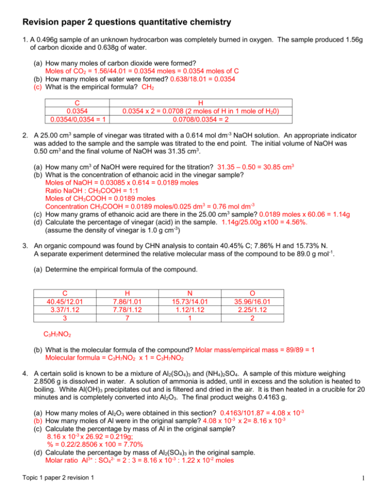 Revision Paper 2 Questions Quantitative Chemistry 1 A 0 496g