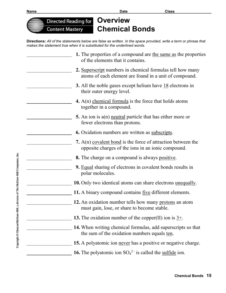 Chemical Bond - Cloudfront.net Inside Overview Chemical Bonds Worksheet Answers