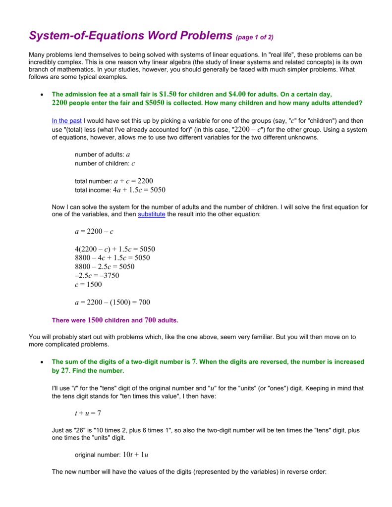 System Of Equations Word Problems Page 1 Of 2