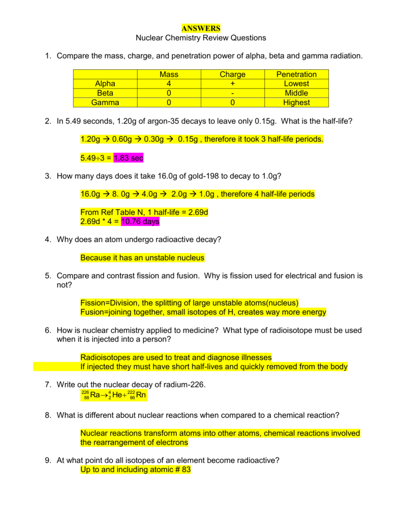 Nuclear Chemistry Review Questions Inside Nuclear Chemistry Worksheet Answer Key