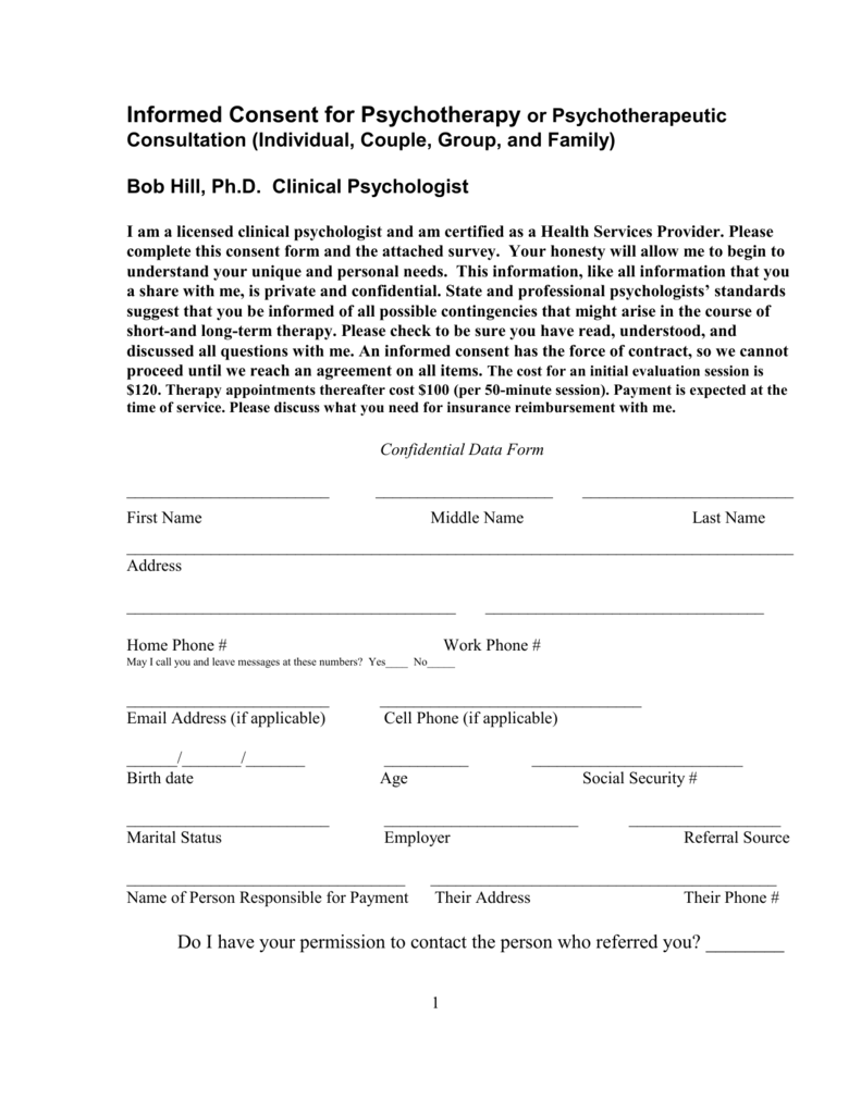 Sample Informed Consent for Psychotherapy For therapy confidentiality agreement template