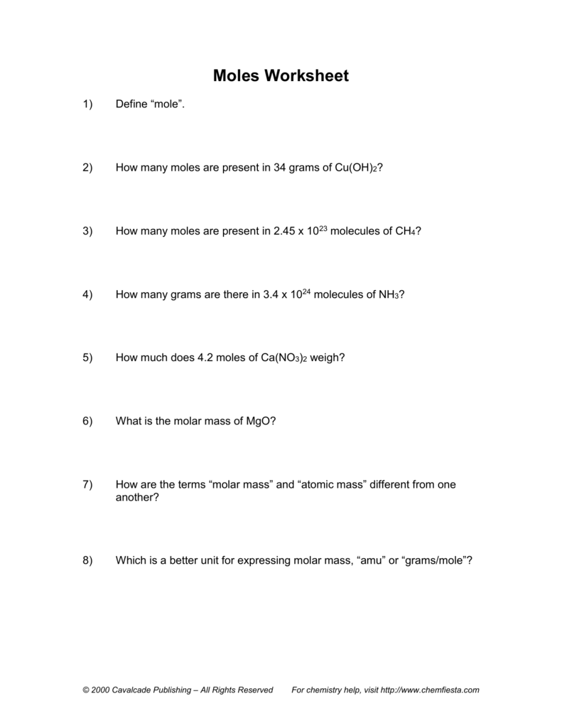 Moles Worksheet  Regarding Mole Worksheet 1