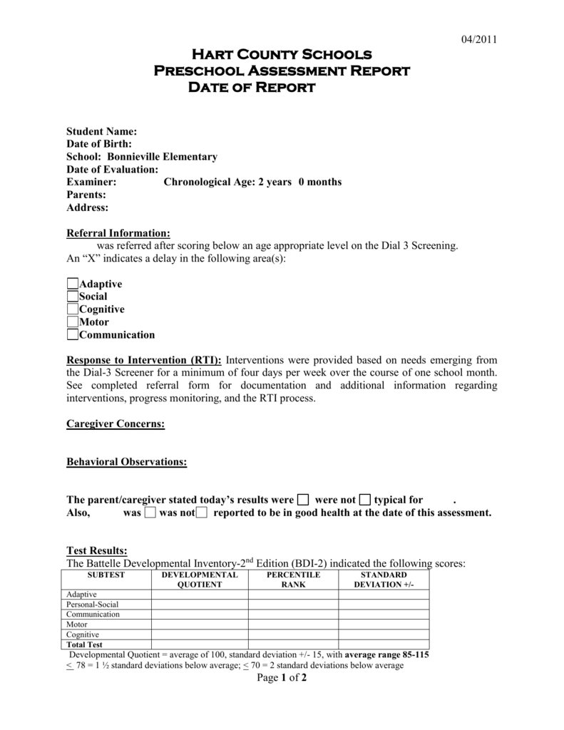 Preschool Evaluation Report Template In Intervention Report Template