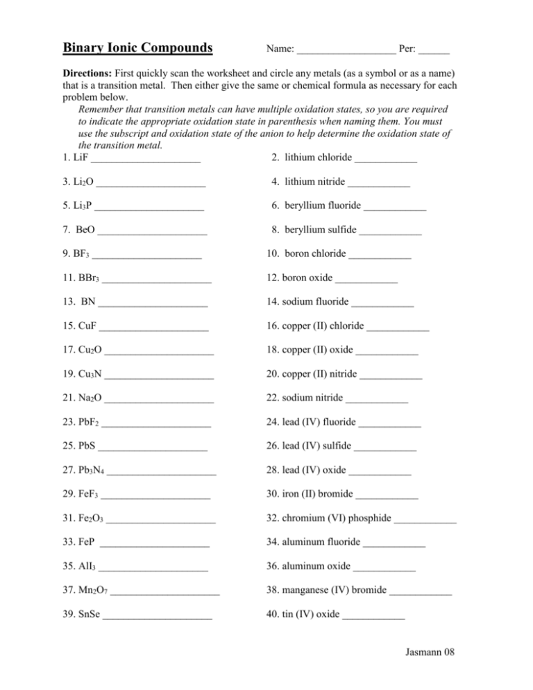 Binary Ionic Compounds WS And Key