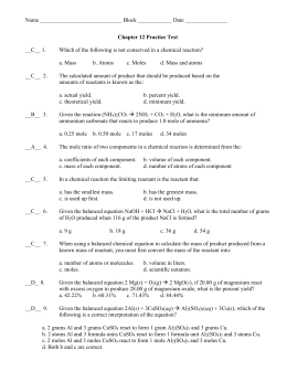 Chapter 9 Stoichiometry Practice Test