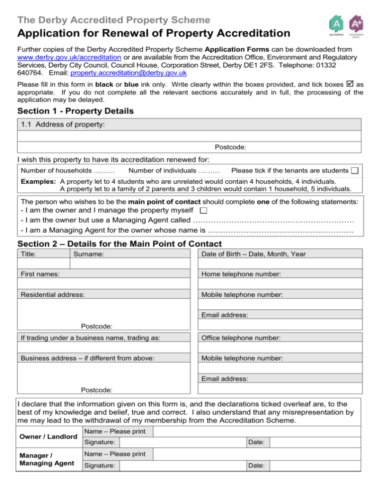 The Derby Accredited Property Scheme Application form