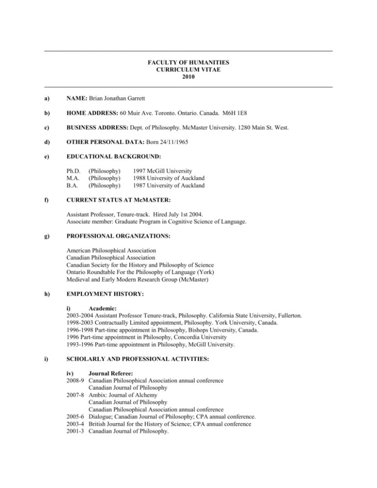 Curriculum Vitae - Faculty of Humanities