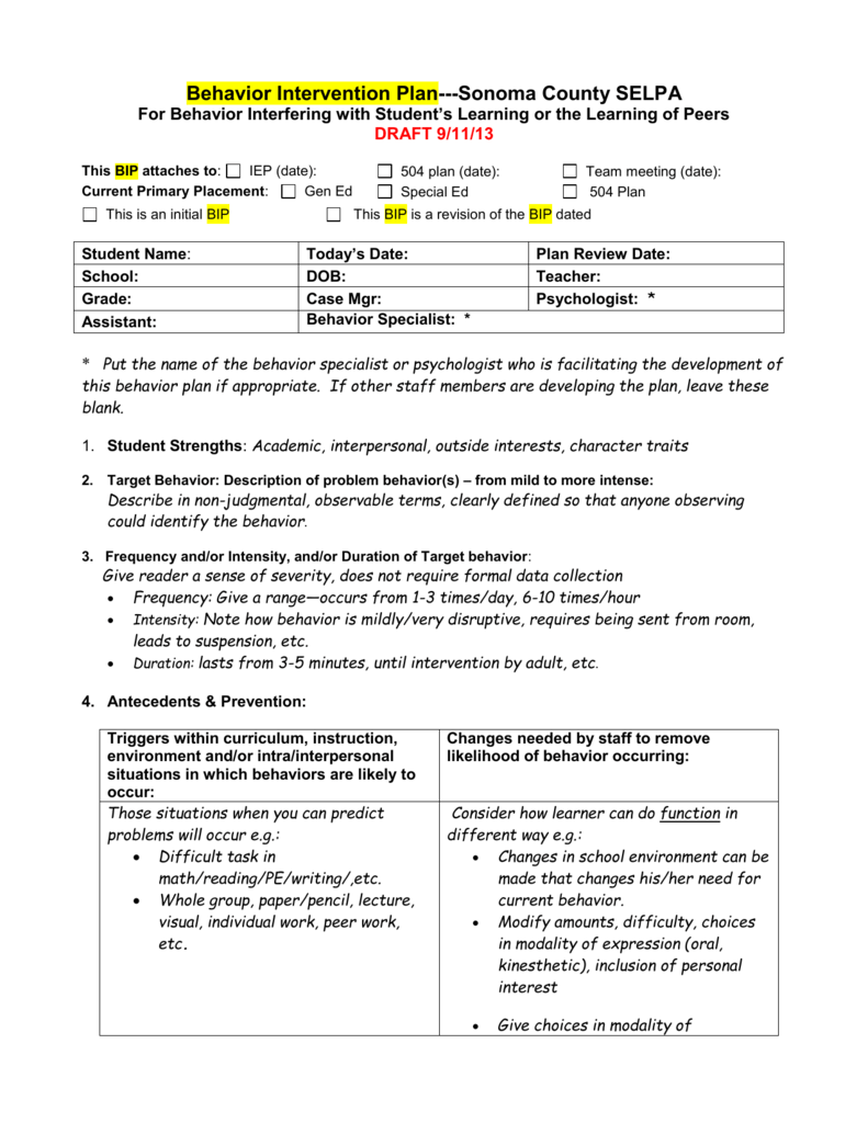 Example Of A Behavior Intervention Plan