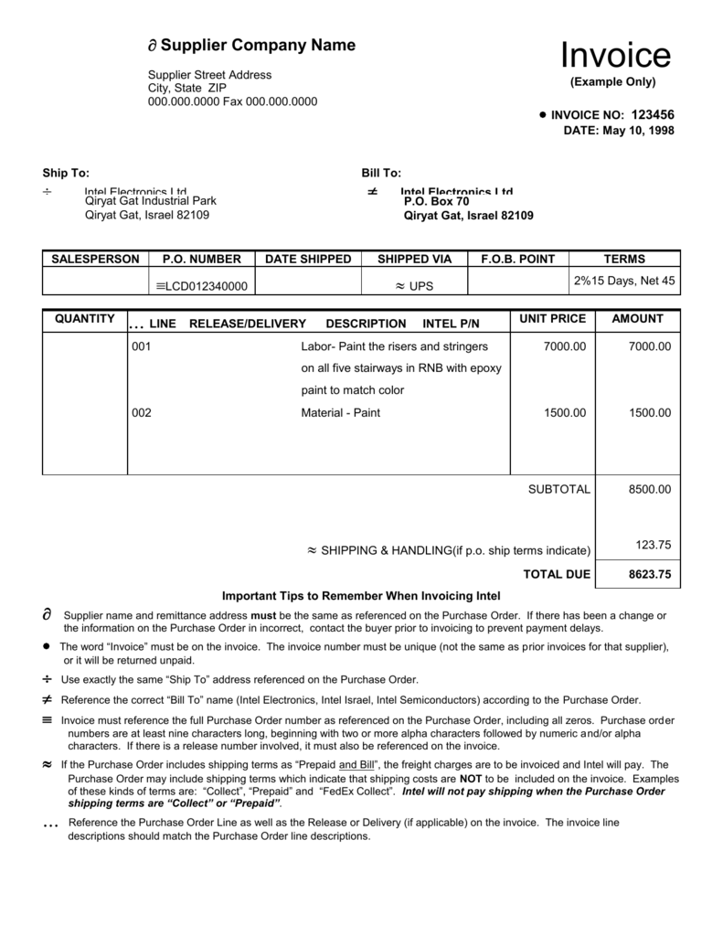 Invoice Example Intel s Supplier Site