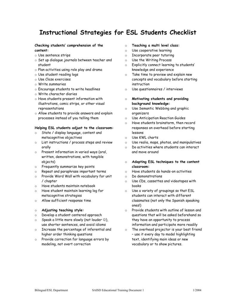 Instructional Strategies for ESL Students Checklist