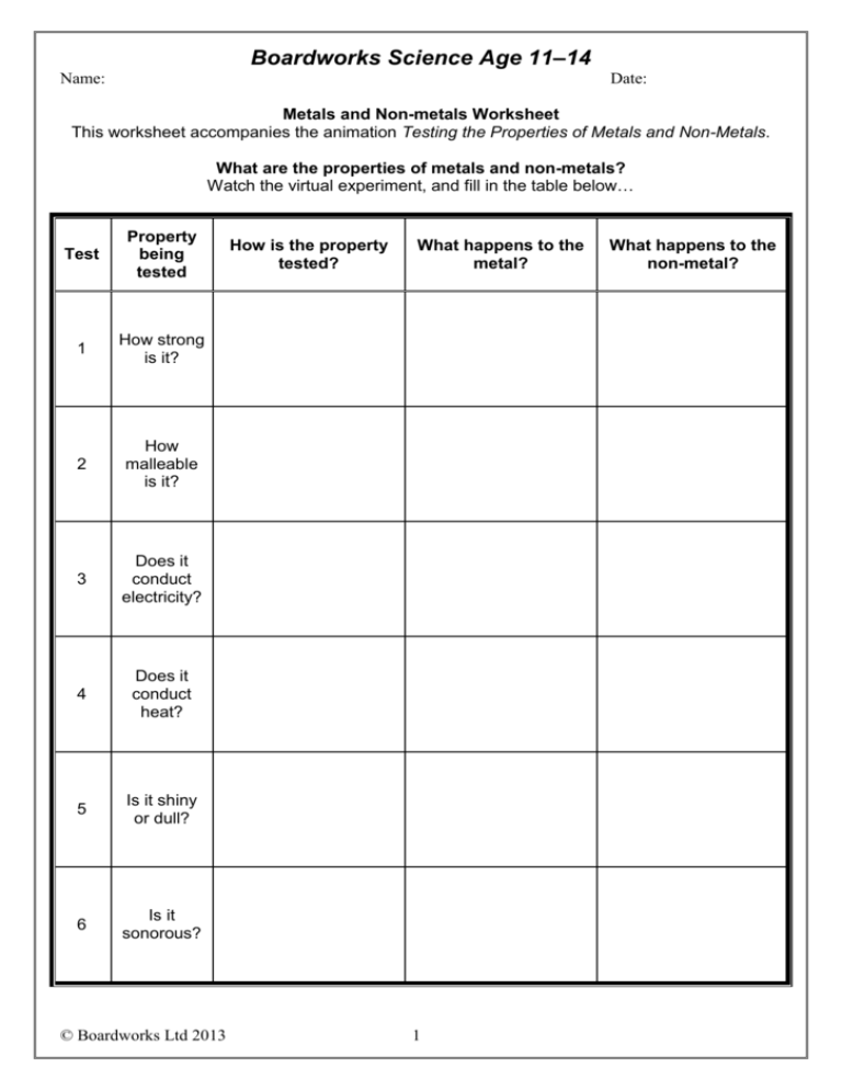 Metals And Non Metals Worksheet 1