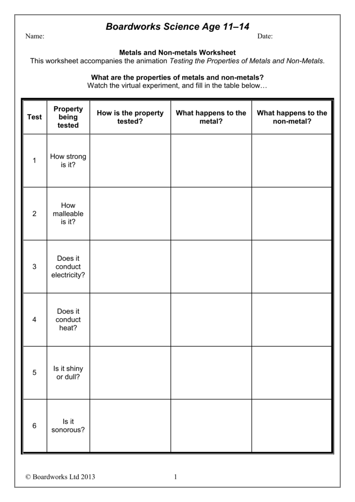 Metals And Non Metals Worksheet 1