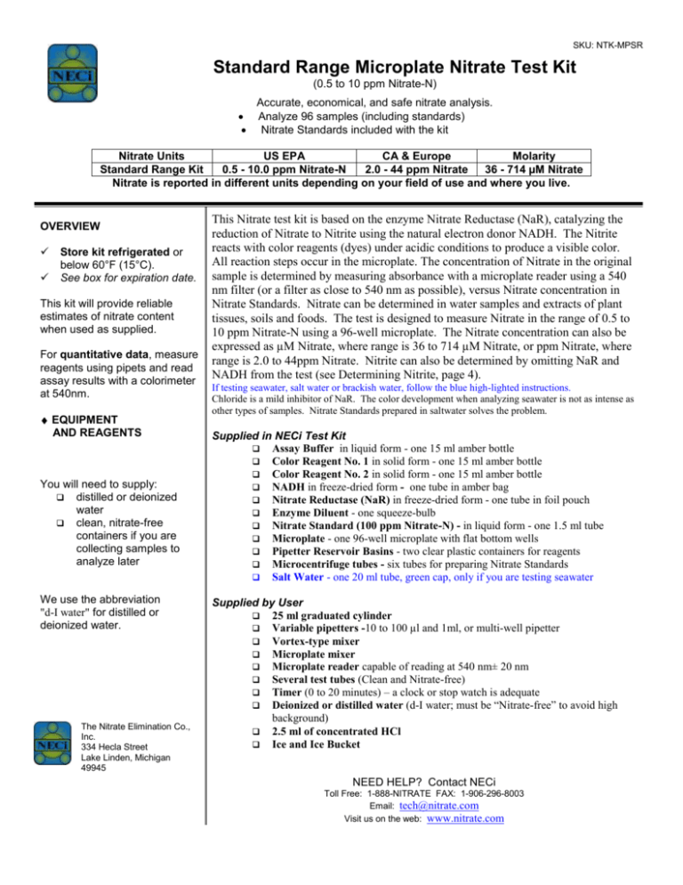 Standard Range Microplate Format Nitrate Test Kit Instructions