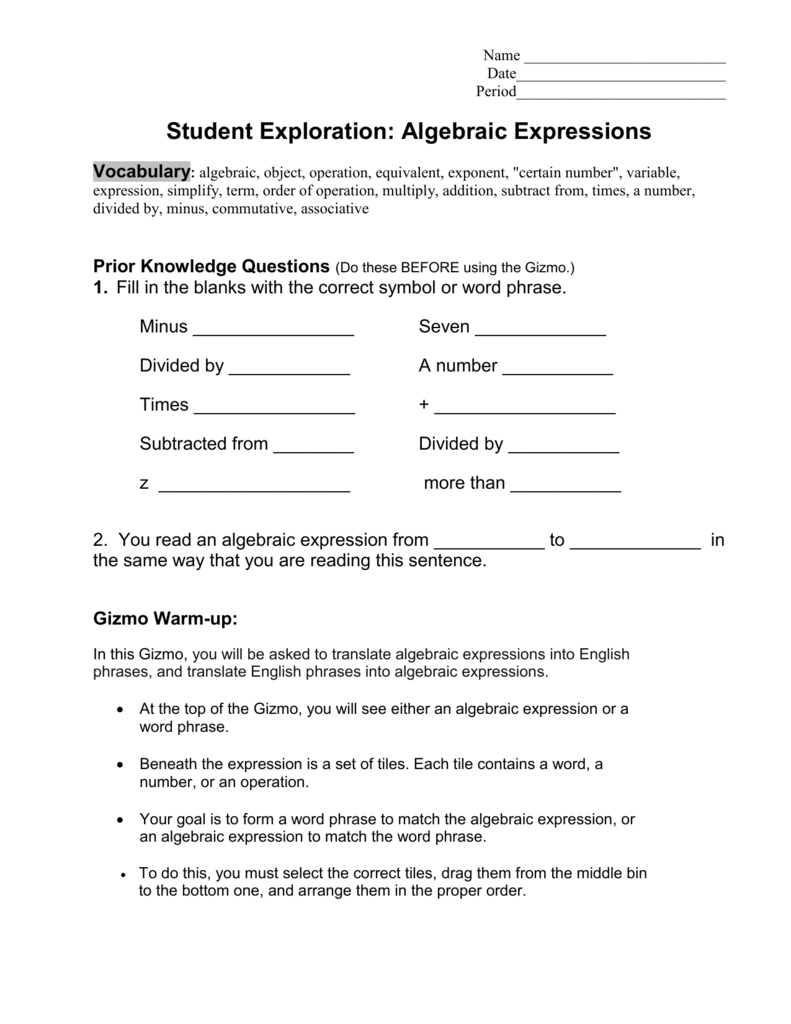 Translating Algebraic Expressions Worksheet