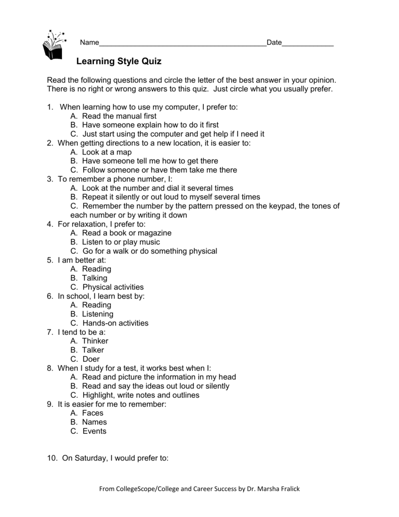 Free Printable Learning Style Quiz Free Printable Learning Style Quiz