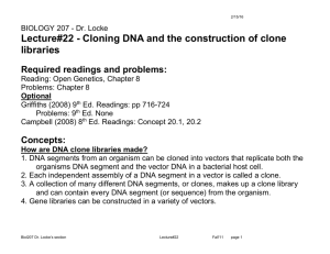 Lecture#22 - Cloning DNA and the construction of clone libraries