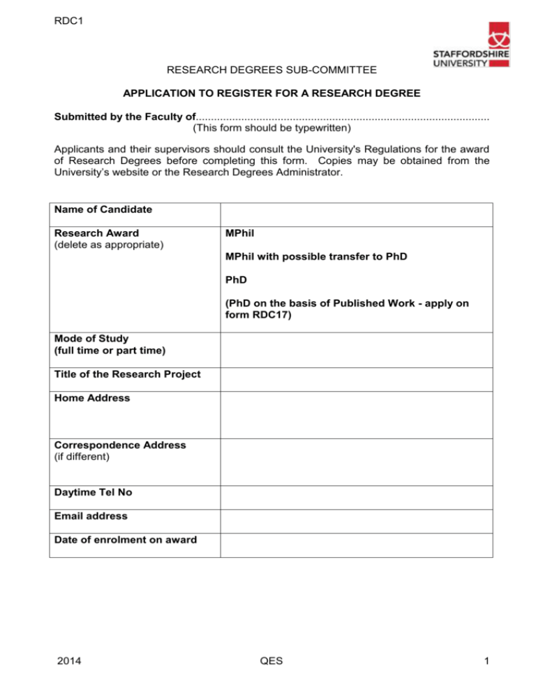 Application To Register For A Research Degree RDC1 