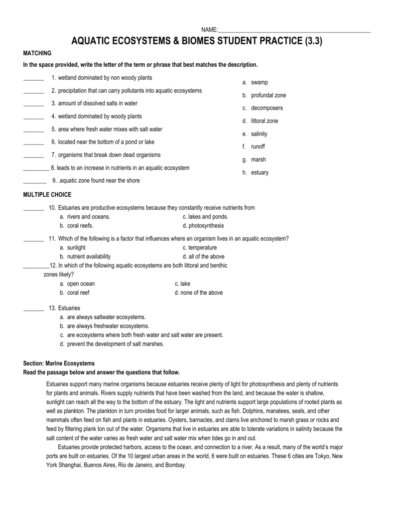 Water And Aquatic Ecosystems Worksheet Answers